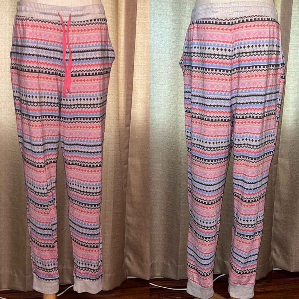 Cuddl Duds Womens Medium (10-12) Knit Lounge Pajama Pant Multicolored Pink Cream
